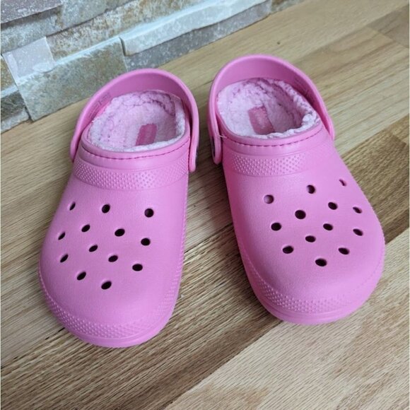 Crocs Classic Faux Fur Lined Pink Clogs Dual Comfort Kids Size 2 - Picture 1 of 6
